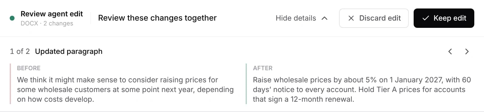 Inspect changes open on a Word edit: change 1 of 2, an updated paragraph, with the Before text on the left and the After text on the right