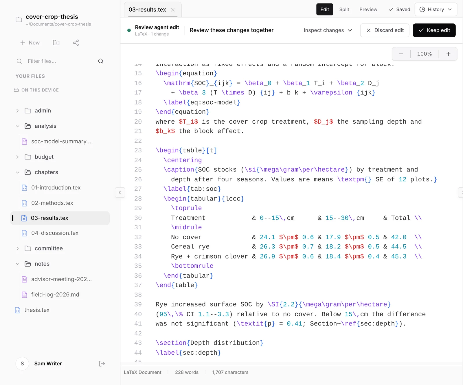 The LaTeX editor in Edit view with a thesis chapter open and an agent edit waiting for review
