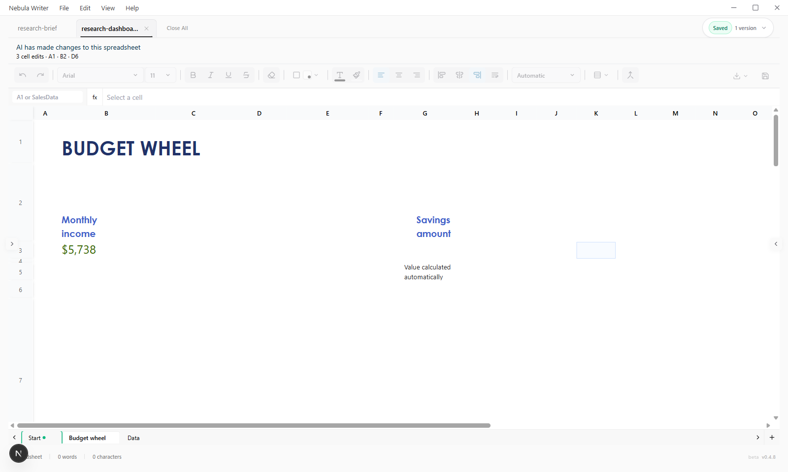 Spreadsheet review banner showing AI changes and affected cells