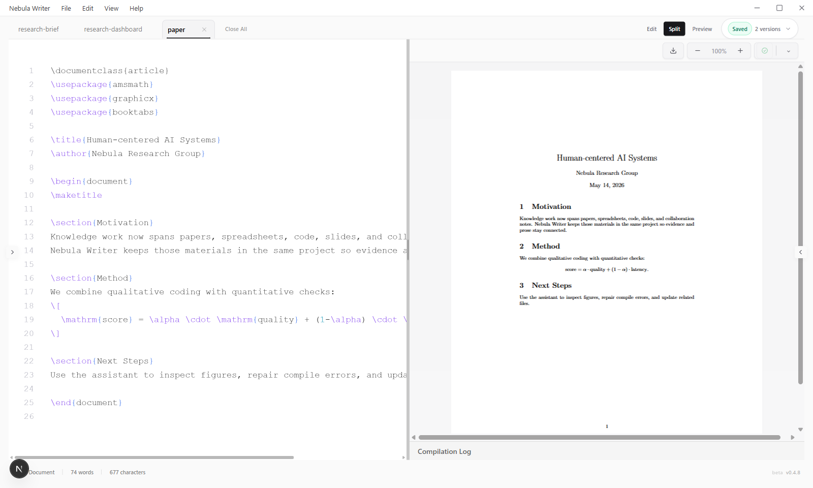 LaTeX source editor with compiled PDF preview