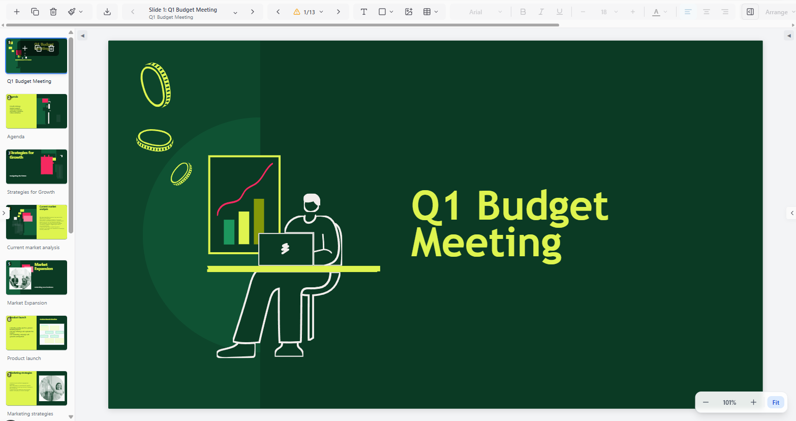 Presentation editor with slide thumbnails and canvas