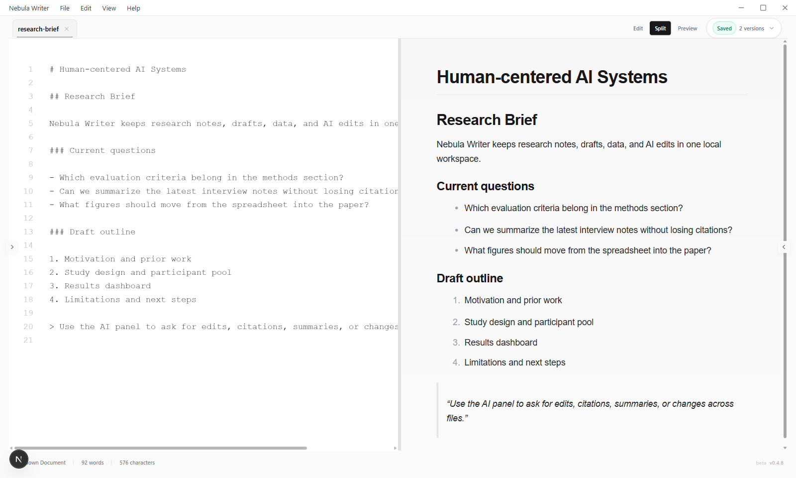 Nebula Writer workspace with Markdown source and rendered preview