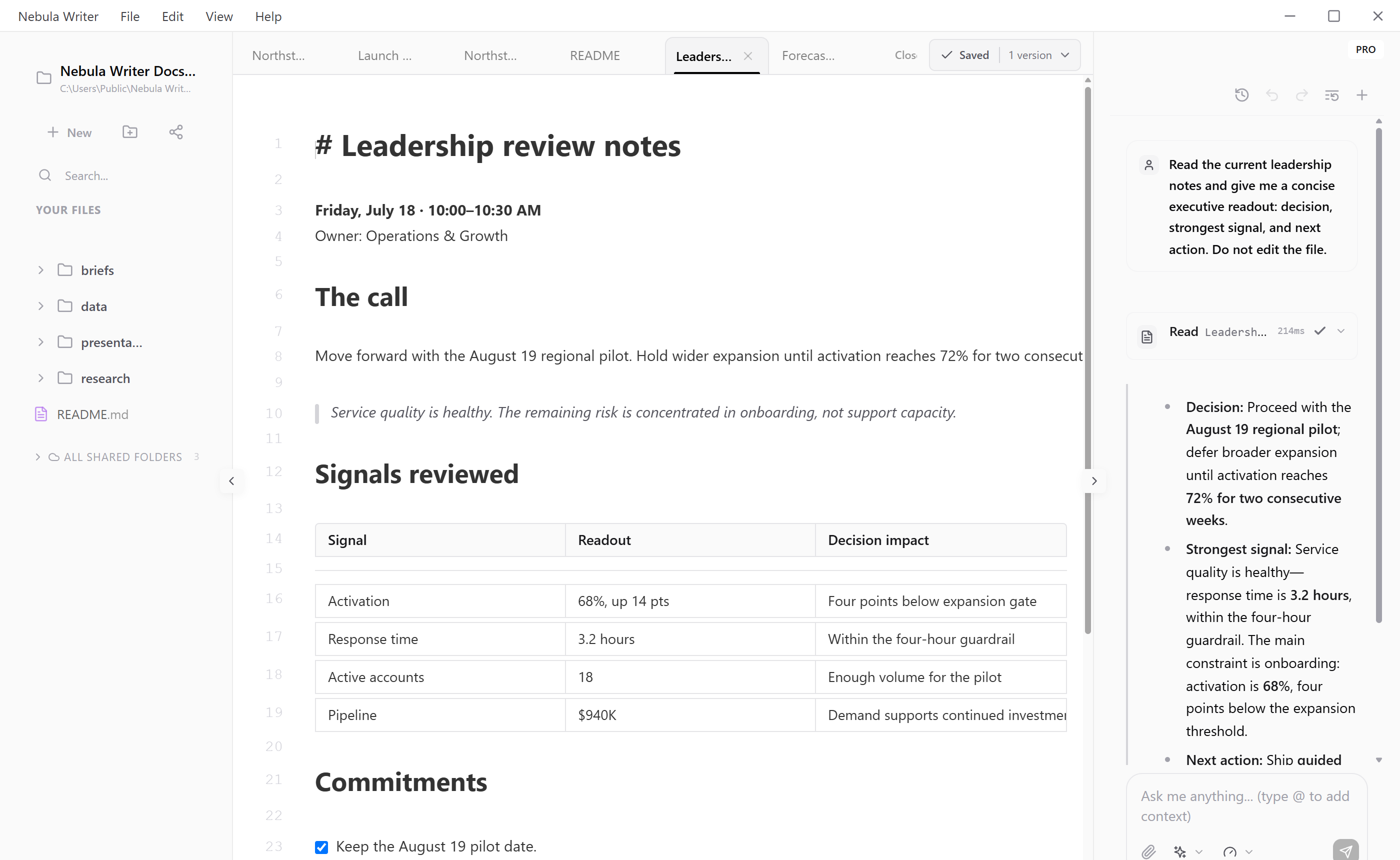 Nebula Agent responding beside leadership notes with one read activity and a concise executive summary