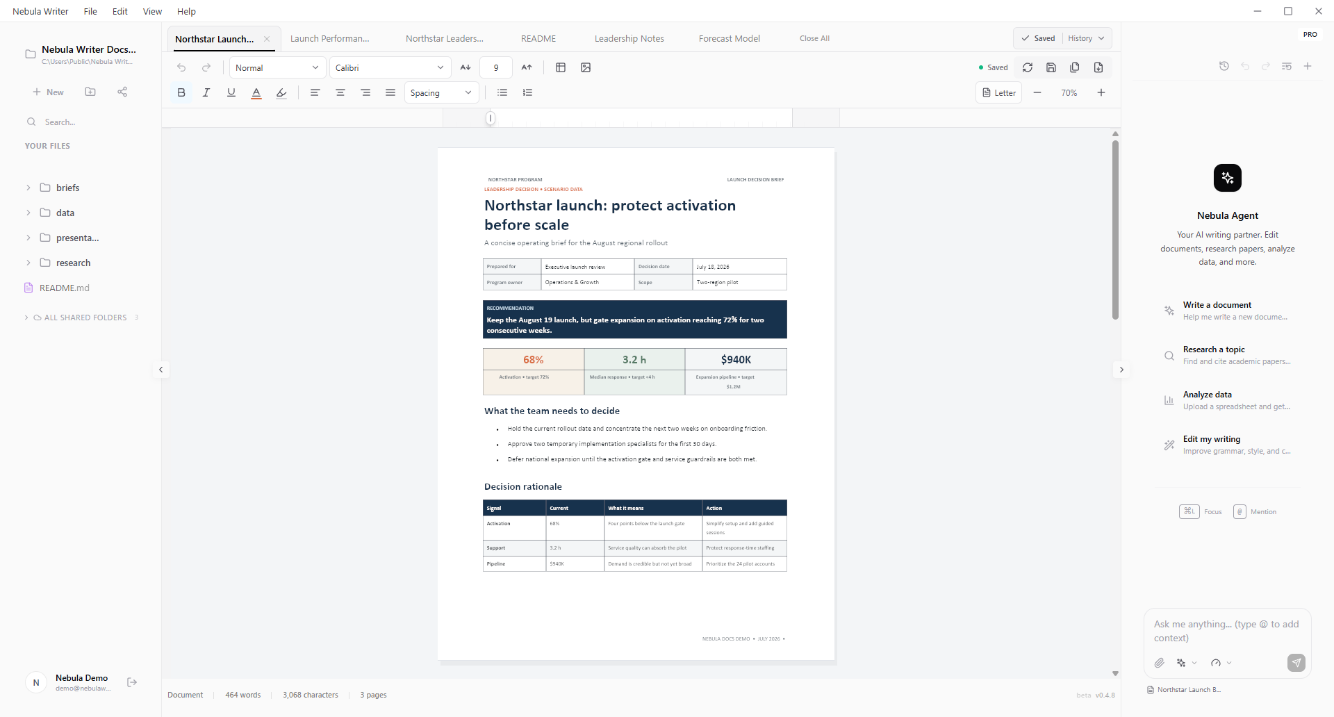 A formatted DOCX open in Nebula Writer with pages, toolbar, ruler, project files, and the agent
