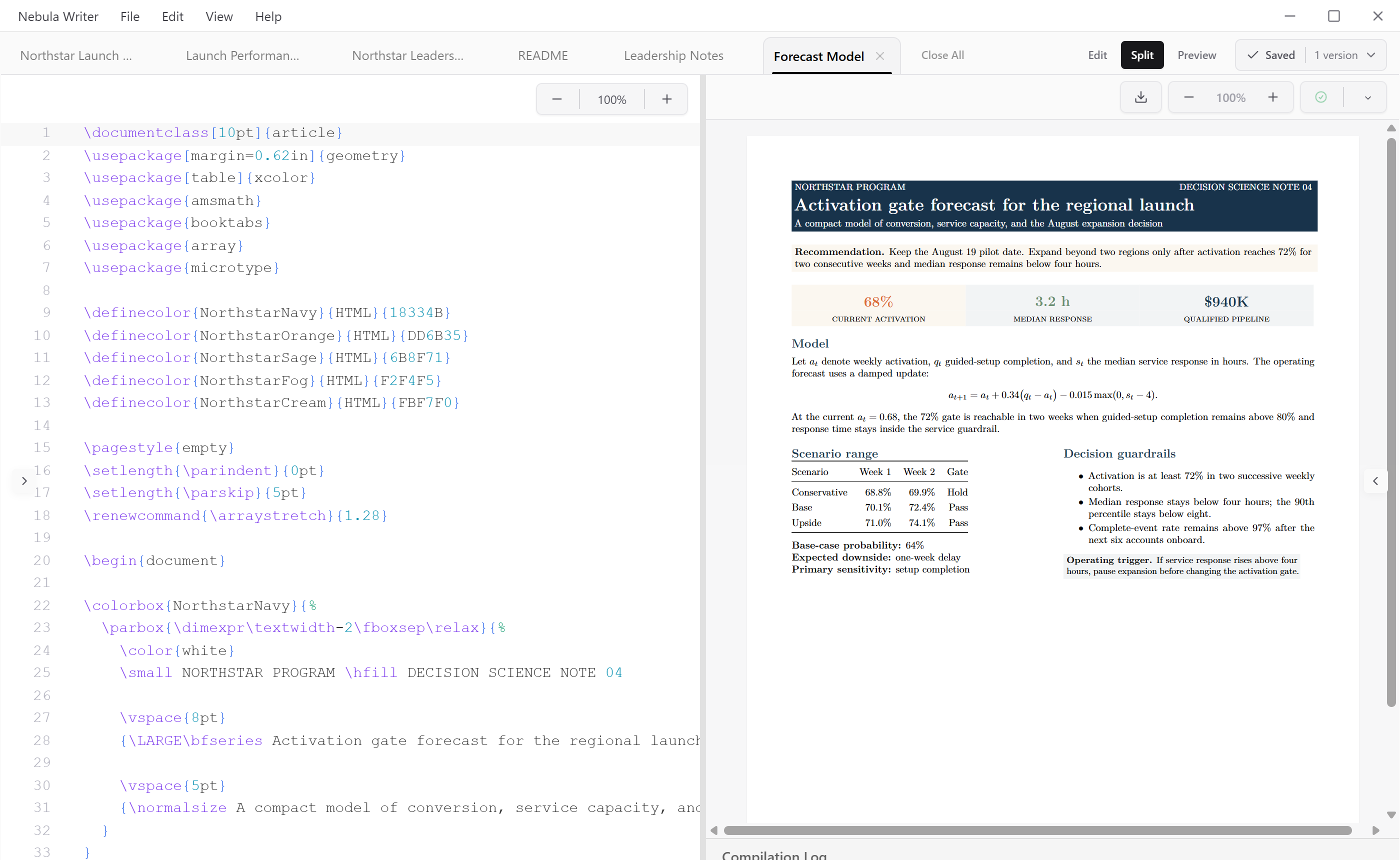 A detailed LaTeX paper open in Split view with side panels minimized so the source and compiled PDF remain readable