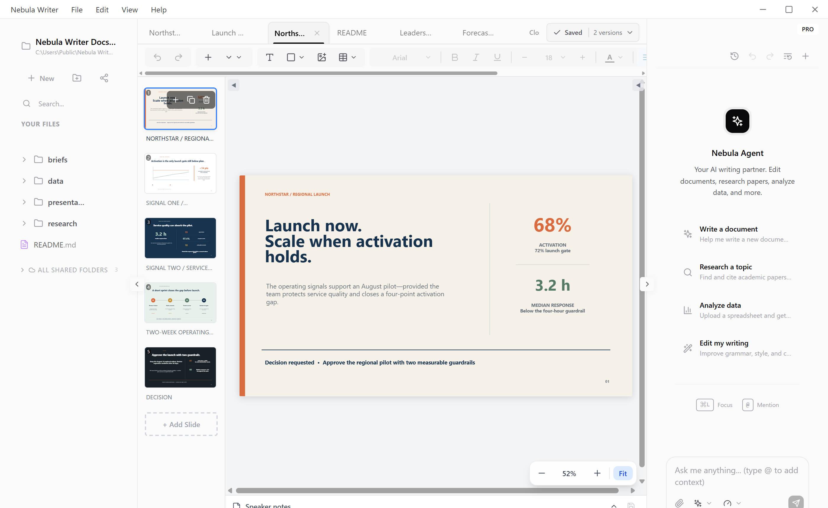 A PowerPoint deck open in Nebula Writer with proportional thumbnails, a polished slide canvas, and populated speaker notes