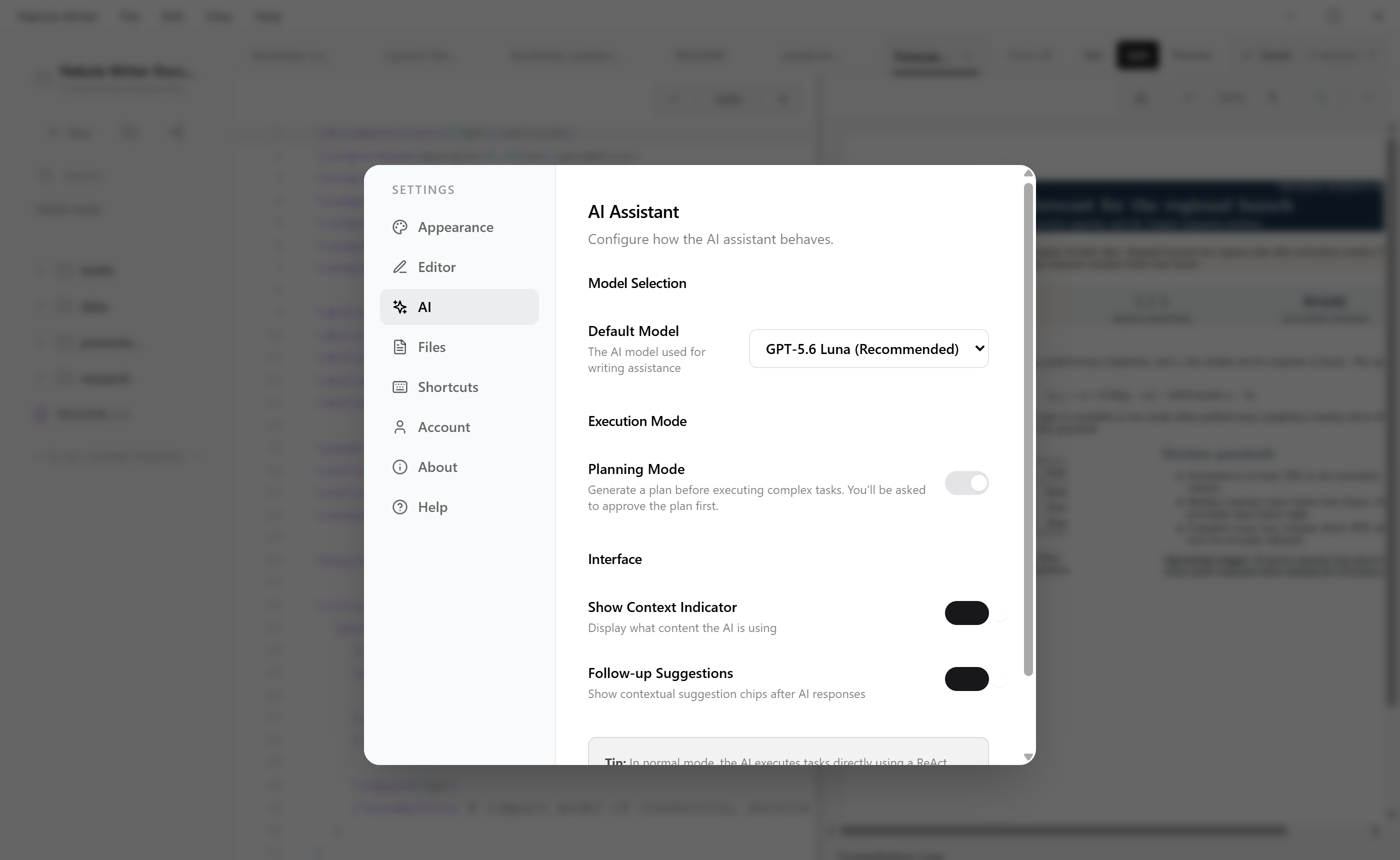 Nebula Writer Settings showing the available configuration sections