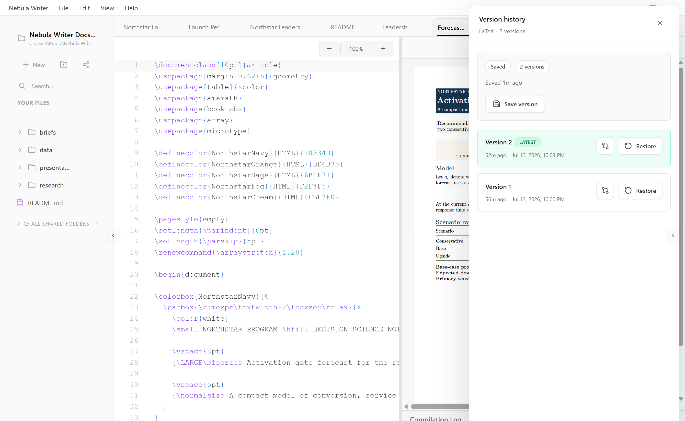 Version history with saved states, comparison controls, and restore actions