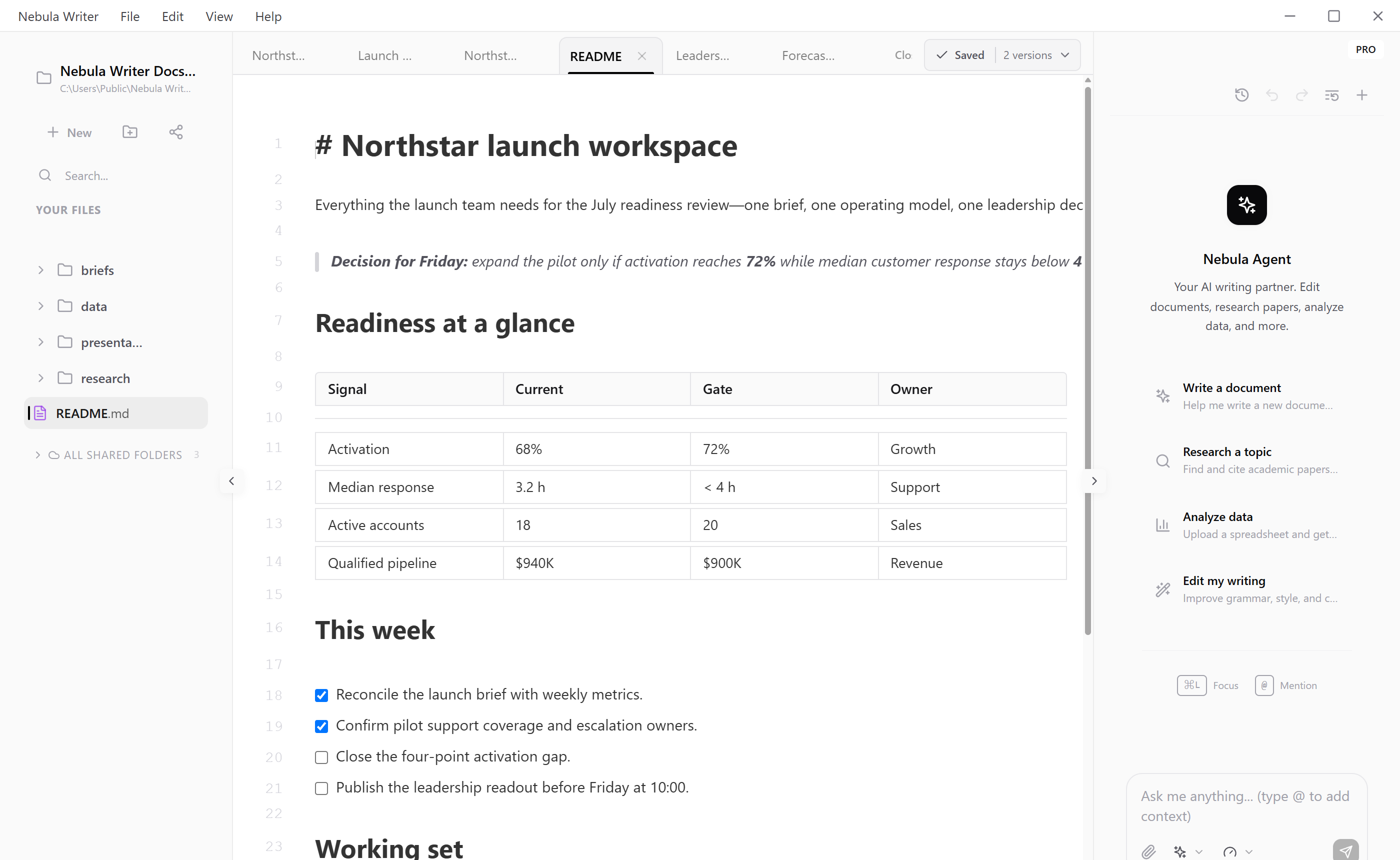 Nebula Writer workspace with project files, an open document, and the agent panel