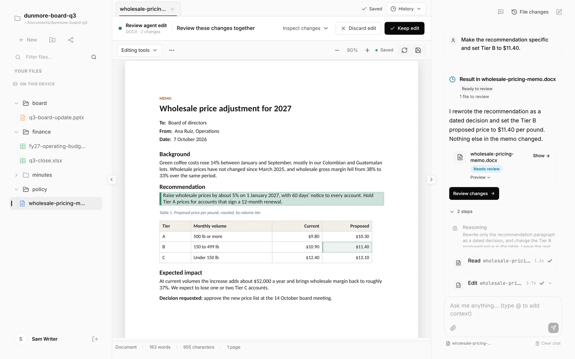 A Word memo open in Nebula Writer with the review bar above the page showing Review agent edit, Inspect changes, Discard edit and Keep edit. The rewritten paragraph and one table cell are highlighted, and the agent's summary is on the right.
