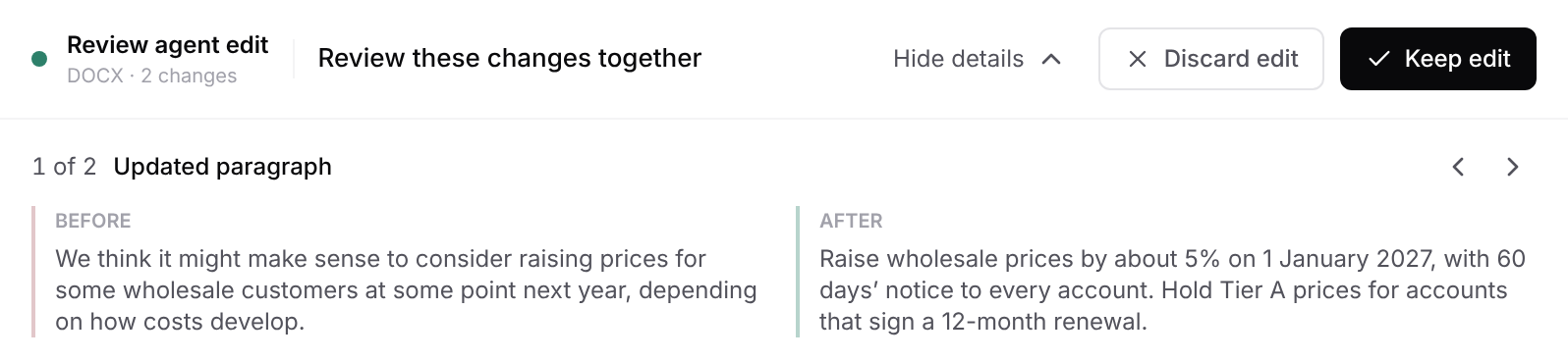 The Inspect panel in Nebula Writer, open on a Word memo: 1 of 2, Updated paragraph. Before: We think it might make sense to consider raising prices for some wholesale customers at some point next year, depending on how costs develop. After: Raise wholesale prices by about 5% on 1 January 2027, with 60 days’ notice to every account. Hold Tier A prices for accounts that sign a 12-month renewal.