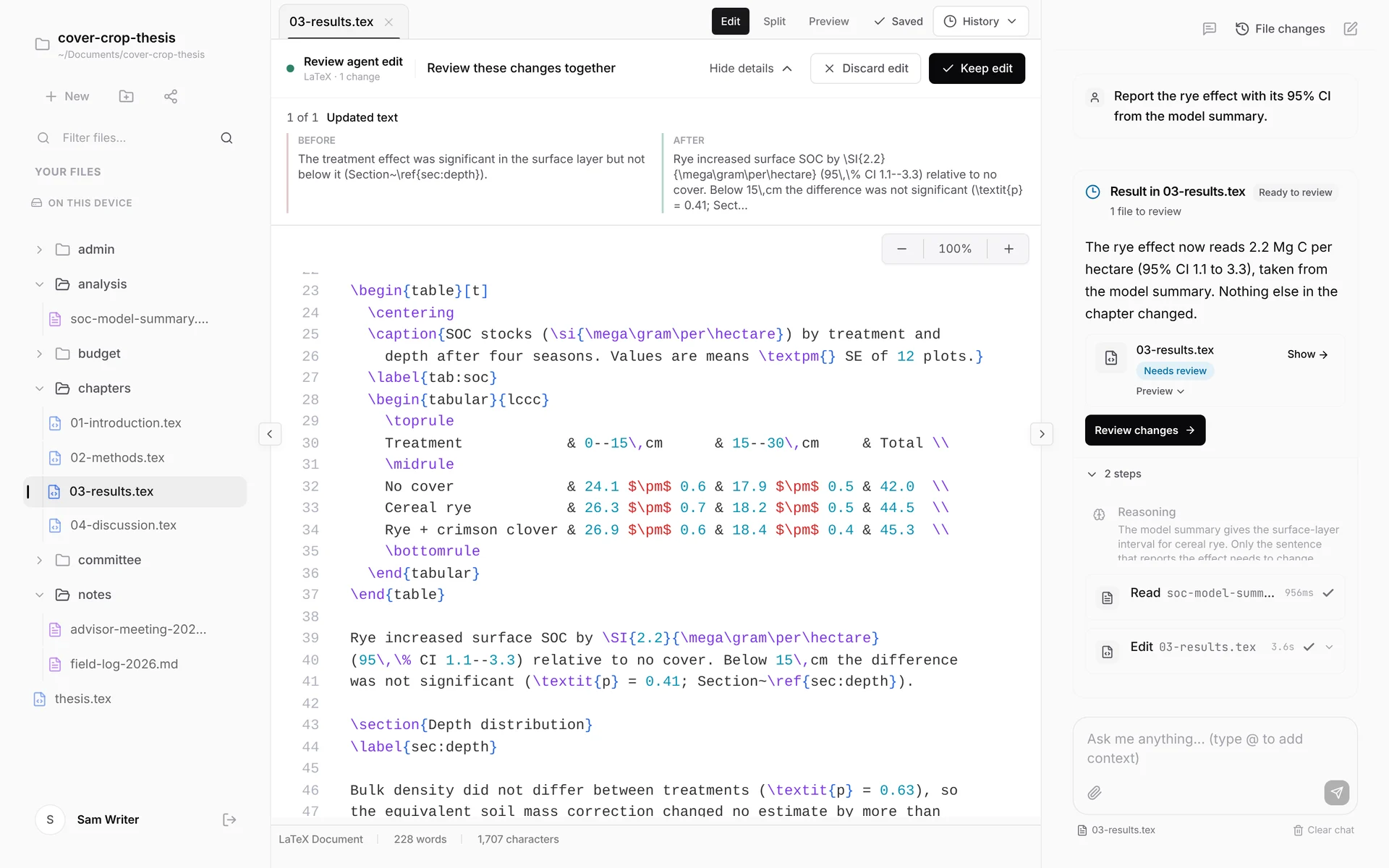 A thesis chapter open in Nebula Writer in Edit view. The review bar shows Review agent edit for one change, with the Before and After text of the updated sentence, and Discard edit and Keep edit.