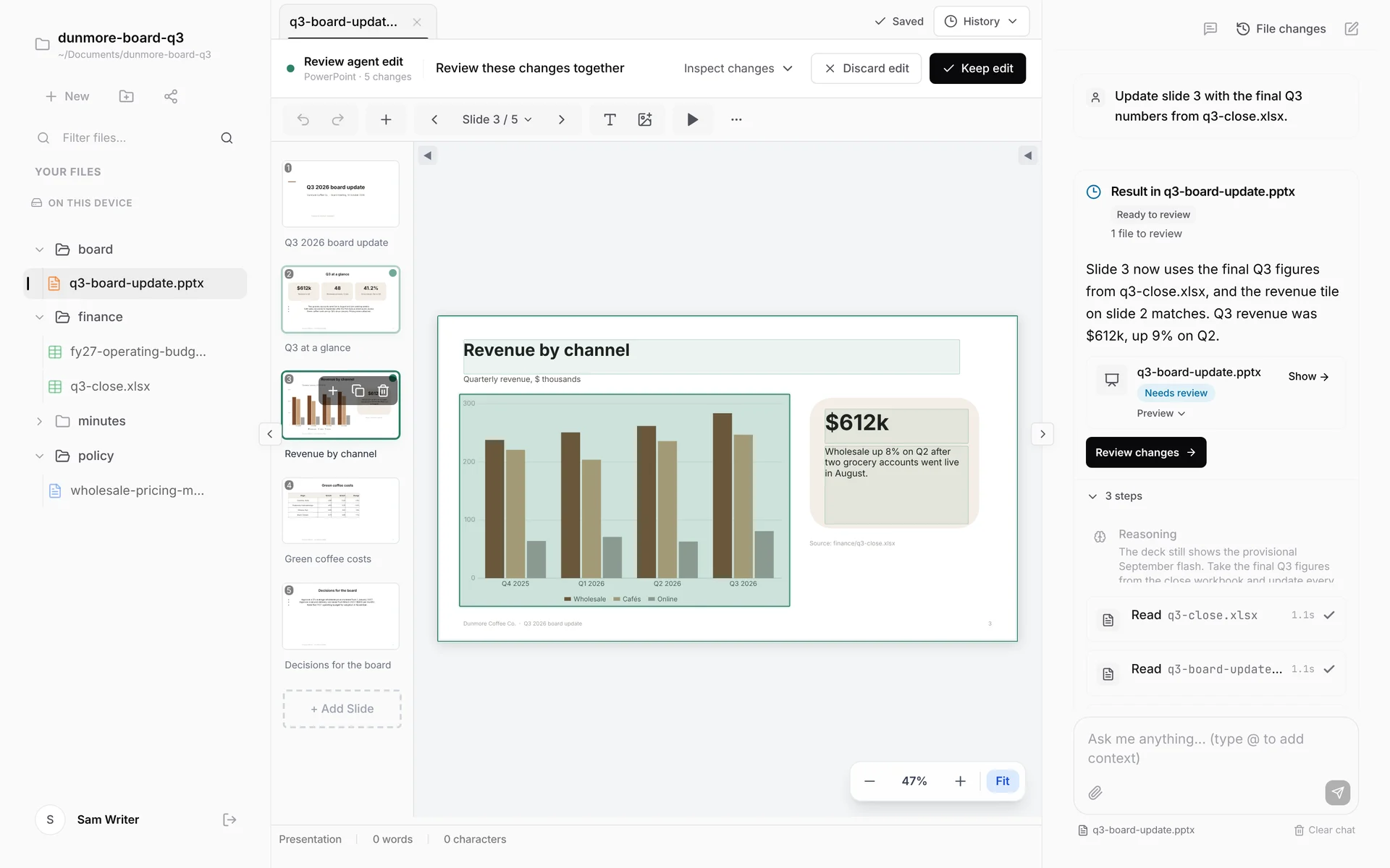 Slide 3 of q3-board-update.pptx in Nebula Writer, updated with the final Q3 figures from q3-close.xlsx. The chart and the $612k revenue tile are marked as changed, with Keep edit and Discard edit above the slide.
