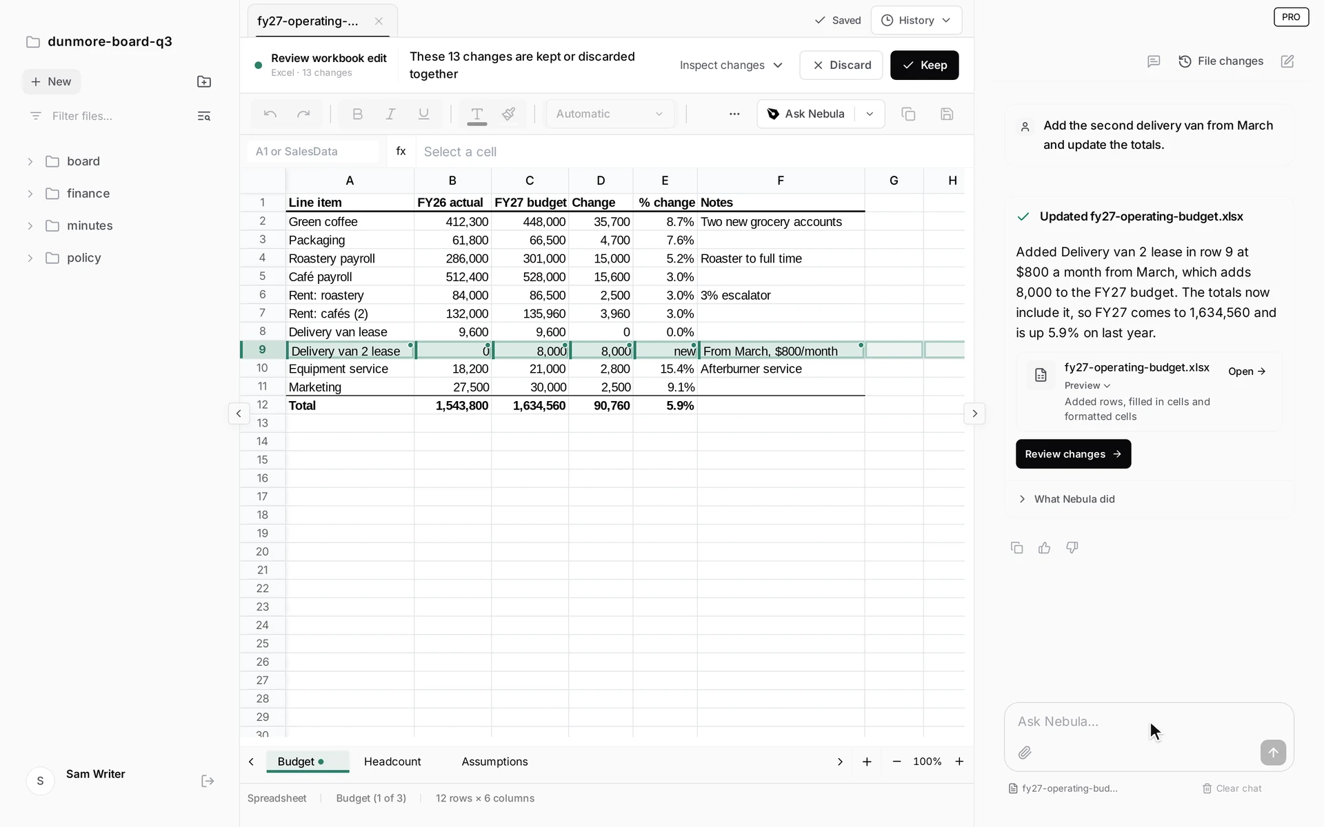 fy27-operating-budget.xlsx in Nebula Writer nach der Anfrage: eine neue Zeile für das Leasing von Lieferwagen 2 ab März mit $800 im Monat, und die Budgetsumme für FY27 ist auf 1,634,560 aktualisiert. Die geänderten Zellen sind markiert, darüber Keep und Discard.